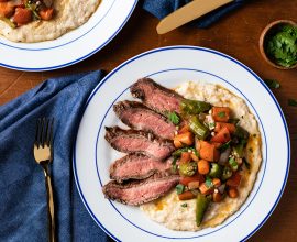 Creole Flank Steak with Sautéed Vegetables and Cheese Grits
