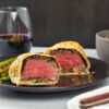 BBQ Beef Wellington with Grilled Asparagus and Pan Fried Smashed Potatoes