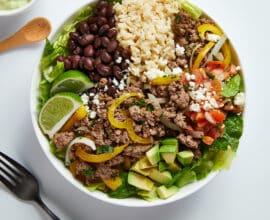 Beef Burrito Bowls with Avocado-Lime Crema