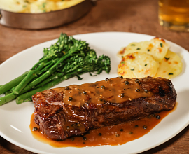 New York Strip Steaks with Peppercorn Sauce